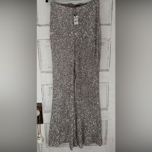 Express silver Sequin Flare super high rise Pants w/stretch waist. Size small
